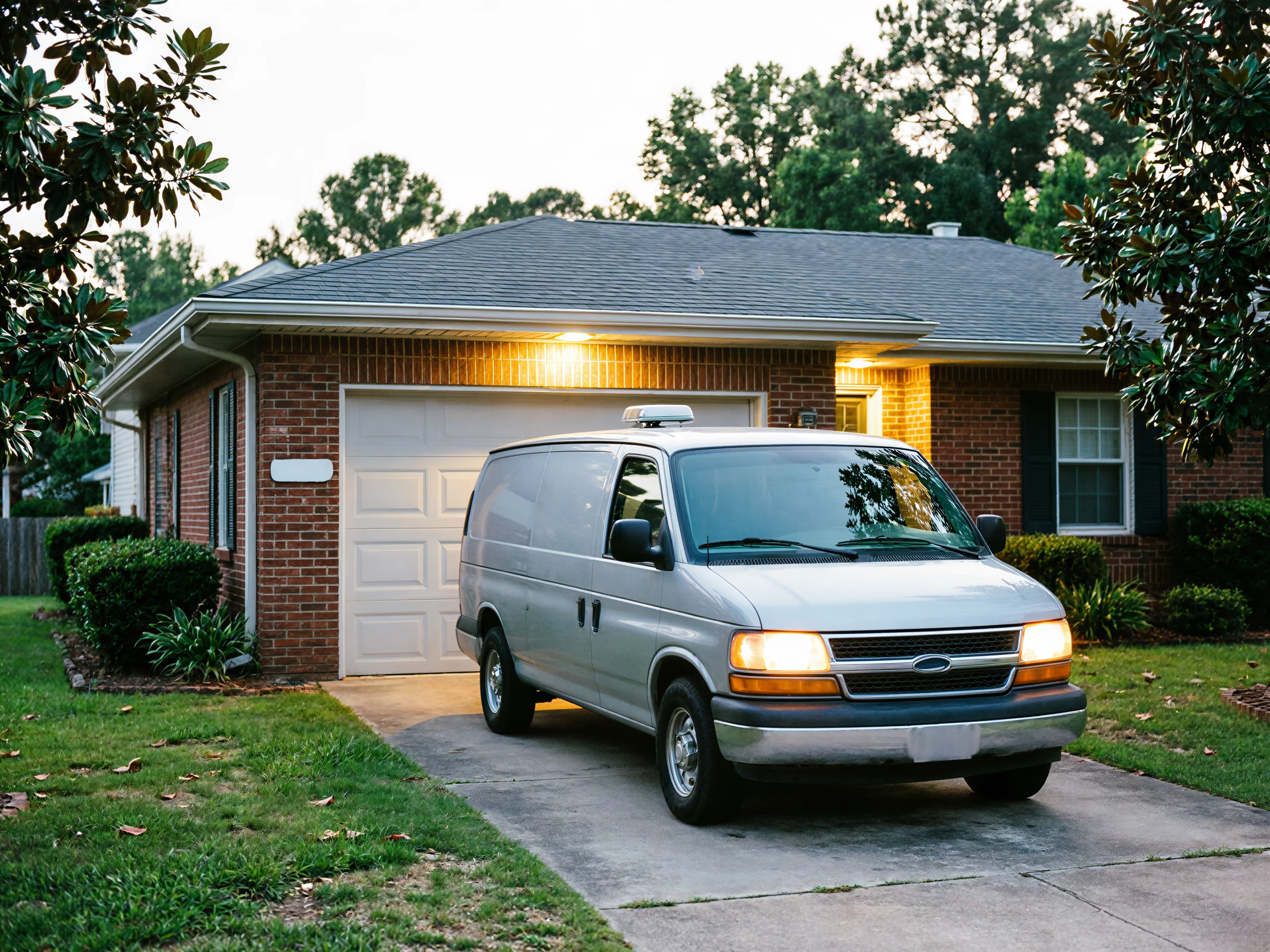 A silver van is parked in a driveway in front of a brick house.