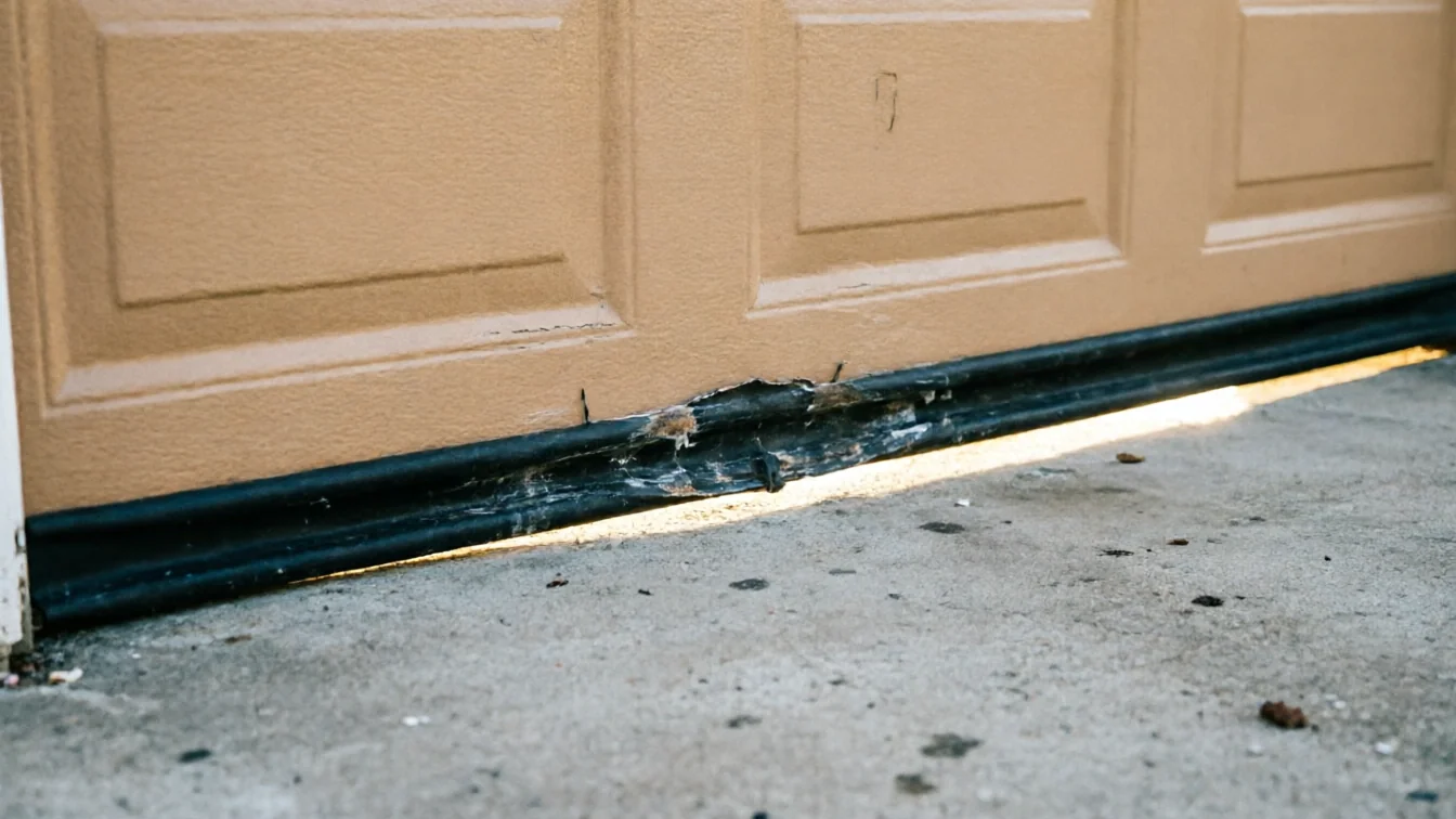 The bottom of a tan garage door has a damaged weather seal.