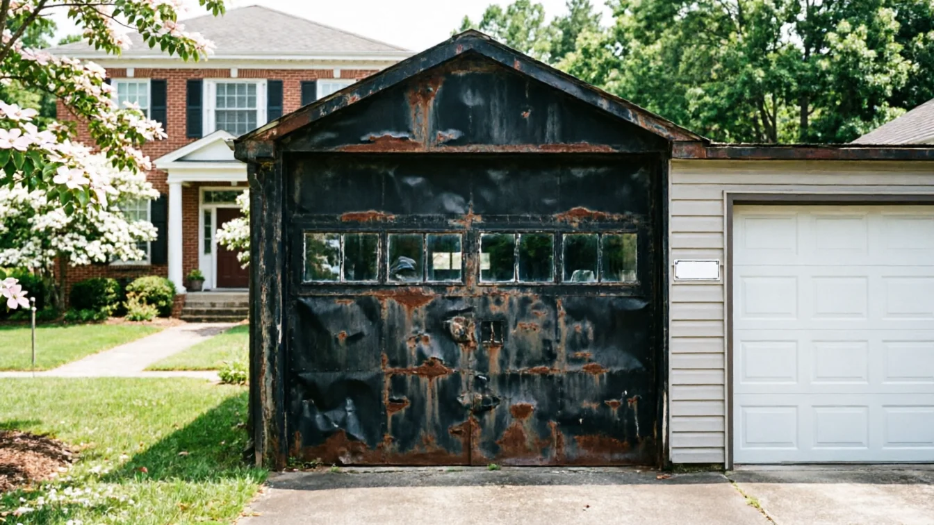 A rusty black garage door with windows next to a white garage door.