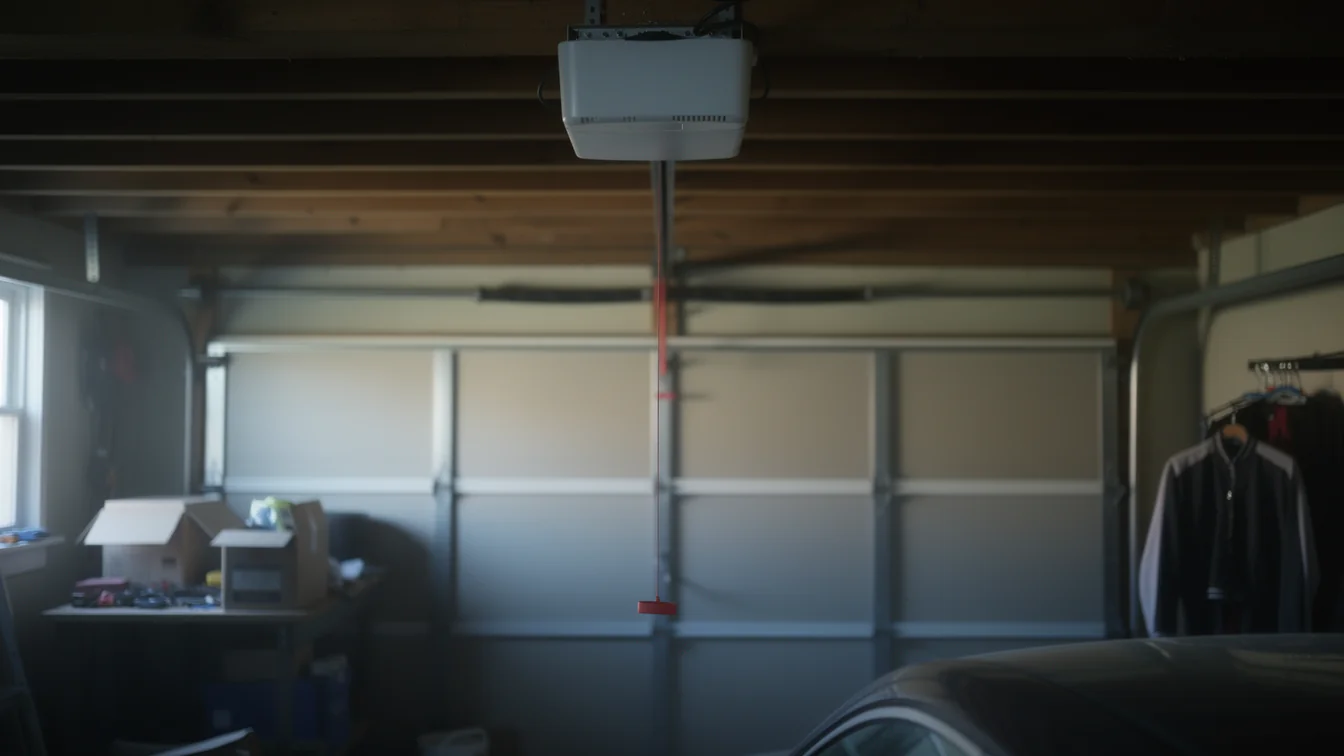 A garage door opener hangs above a closed garage door with a car in the foreground.