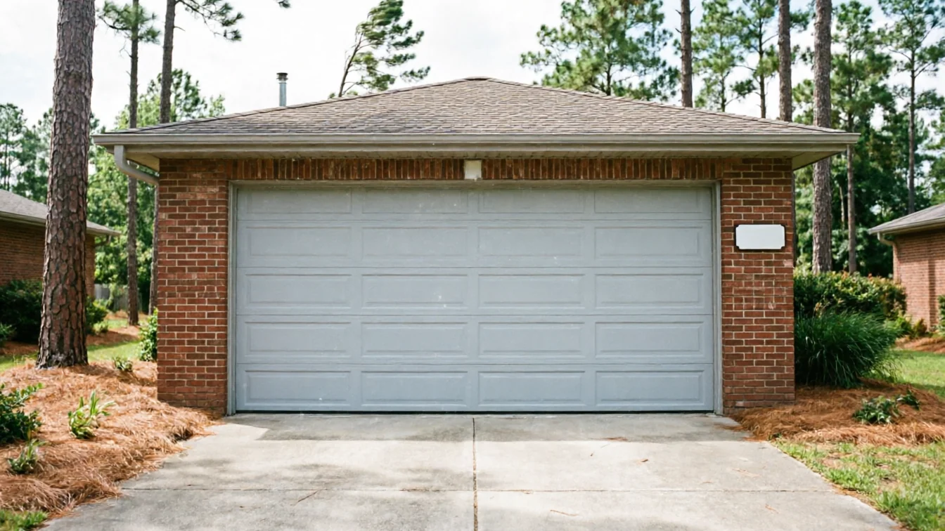 A gray garage door on a brick house with a brown roof and pine trees.