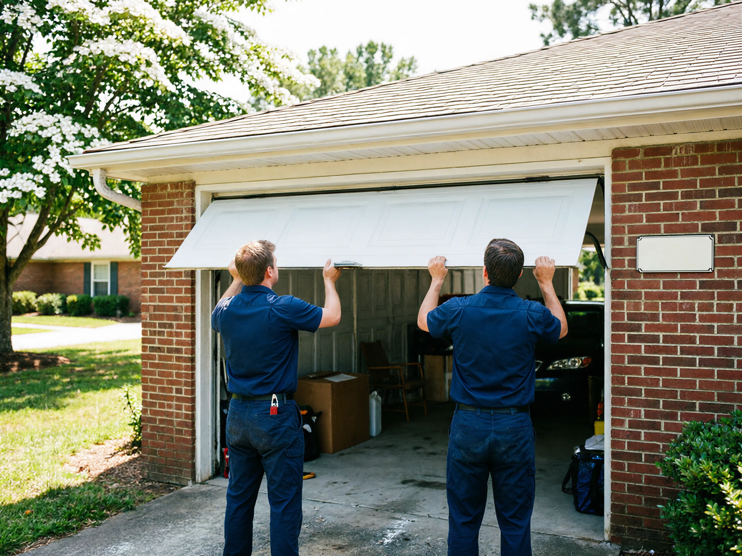 Two technicians are installing a white garage door on a brick house.