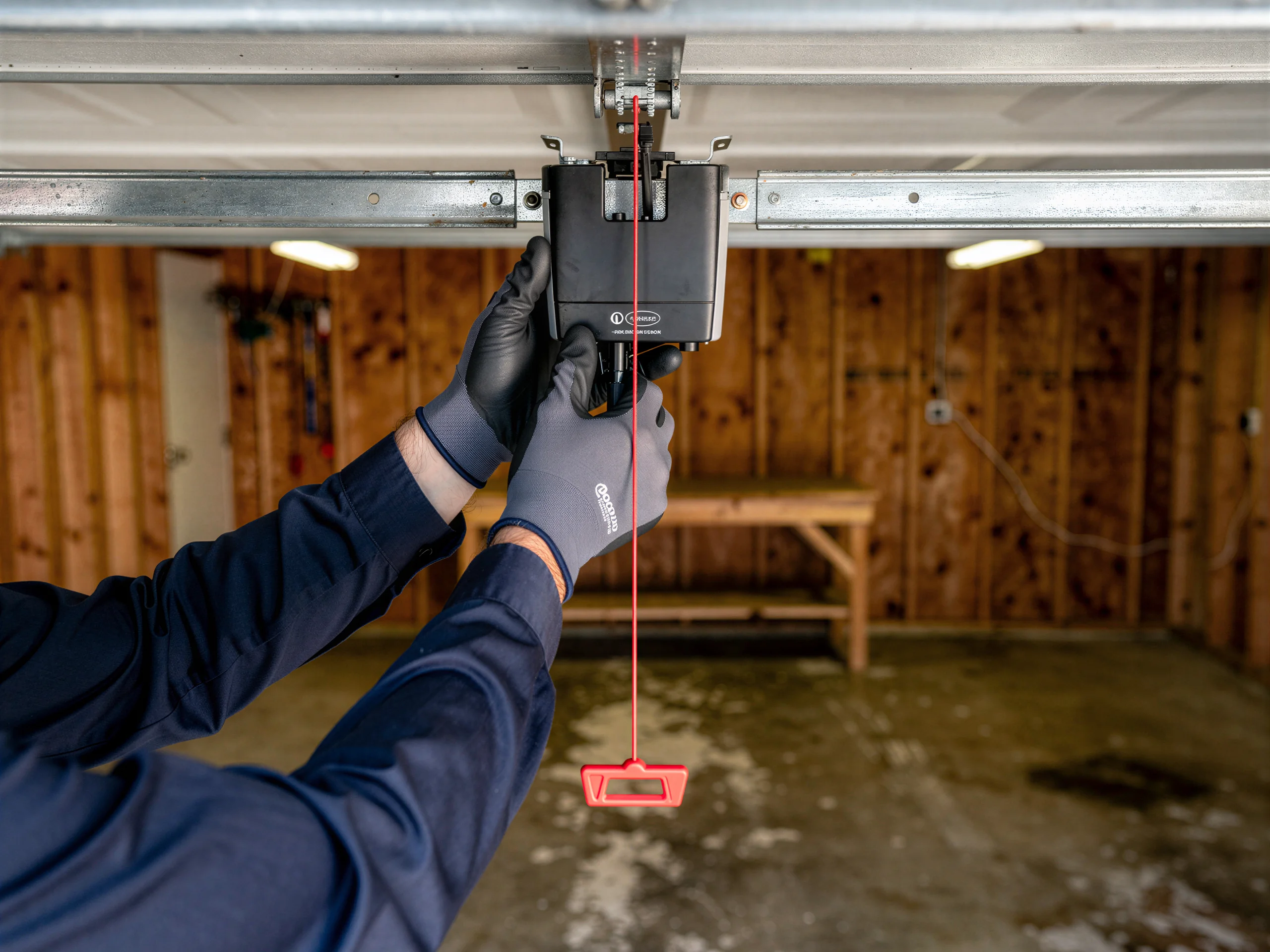 A technician in gloves adjusts the emergency release on a garage door opener.