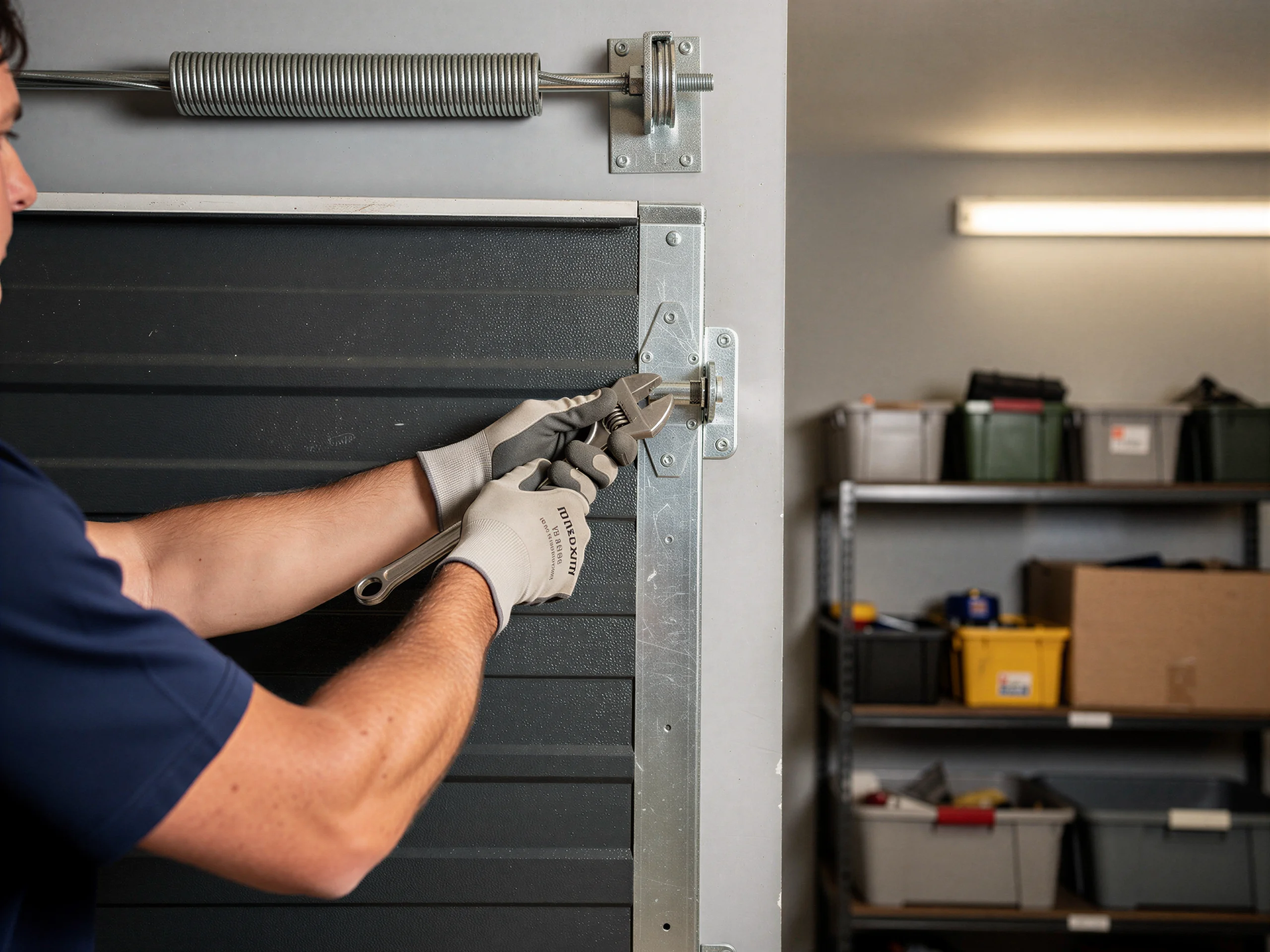 A technician in gloves adjusts a garage door lock with wrenches.