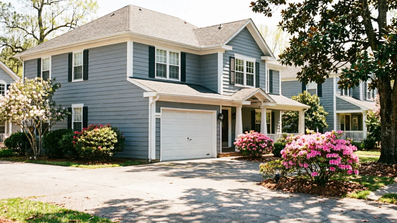 A blue house with a white garage door and pink flowering bushes in the driveway.