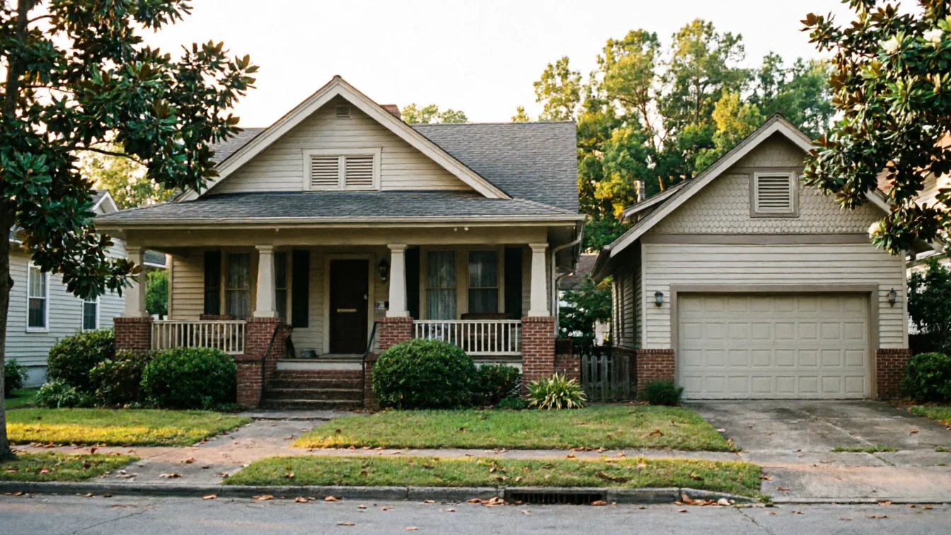 A light-colored house with a porch and a detached garage with a tan garage door.