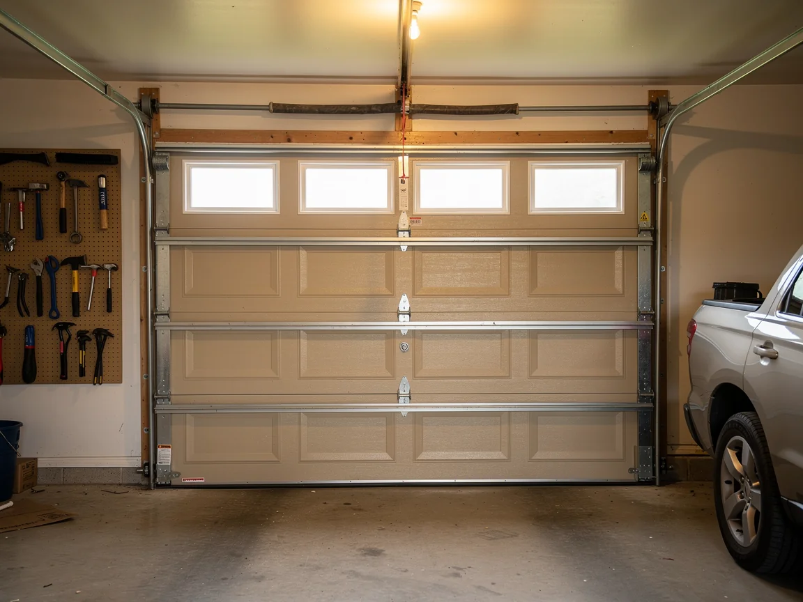 A closed tan garage door with four windows and a torsion spring.