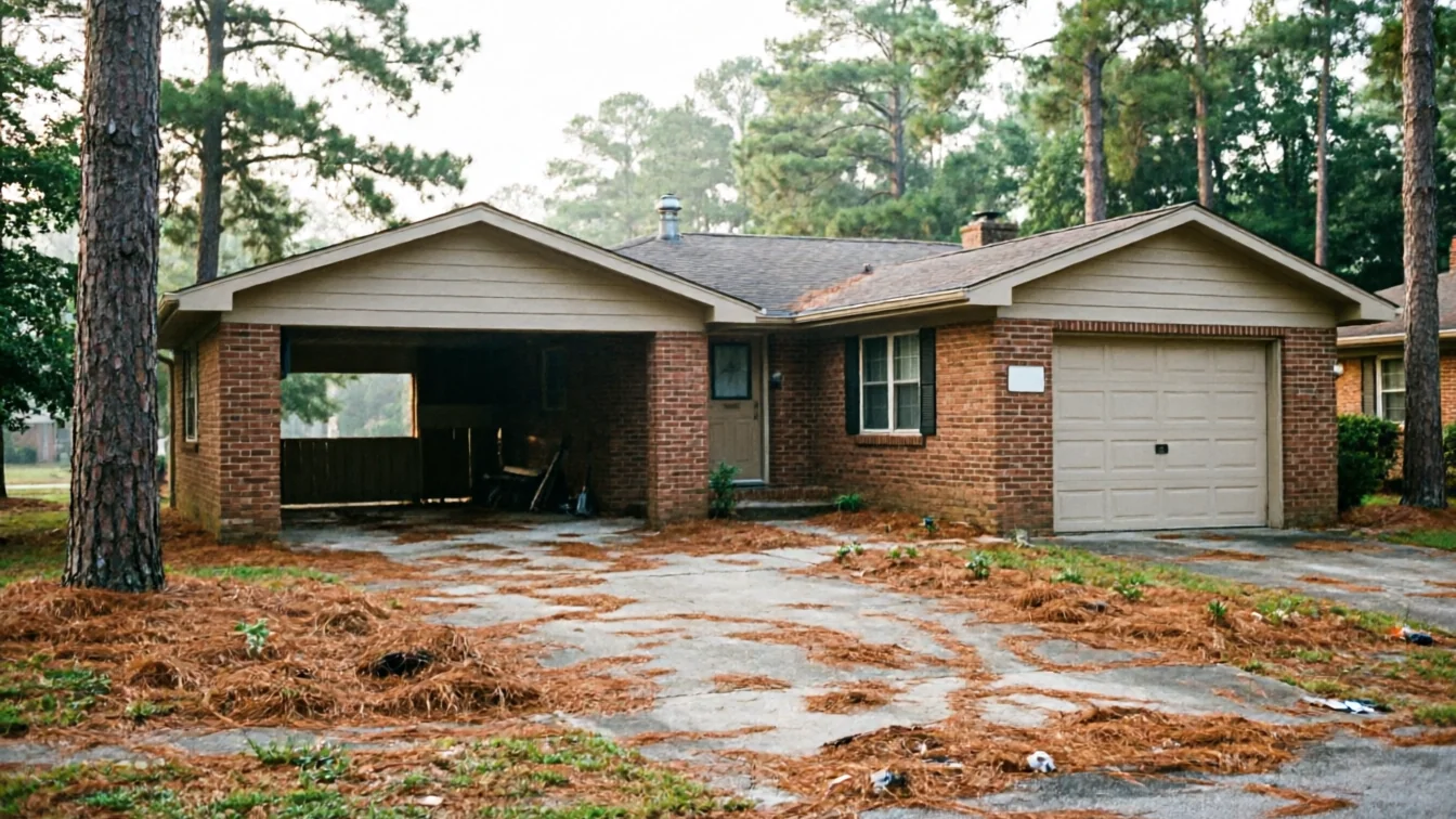 A brick house with a beige garage door and an open carport.